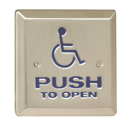 4-1/2-in Square Push Plate Switch, Exposed Screws, SPDT Relay, 'Push To Open' Text/Wheelchair Symbol